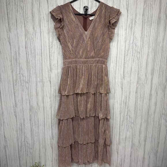 Womens Size S Storia Pink Gold Shimmer Ruffle Dress EUC - Picture 1 of 6